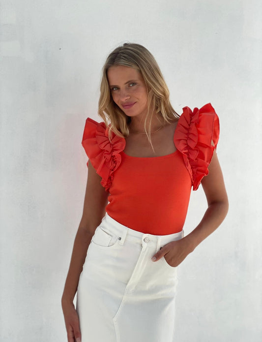 MW RUFFLE SHOULDER TOP-RED